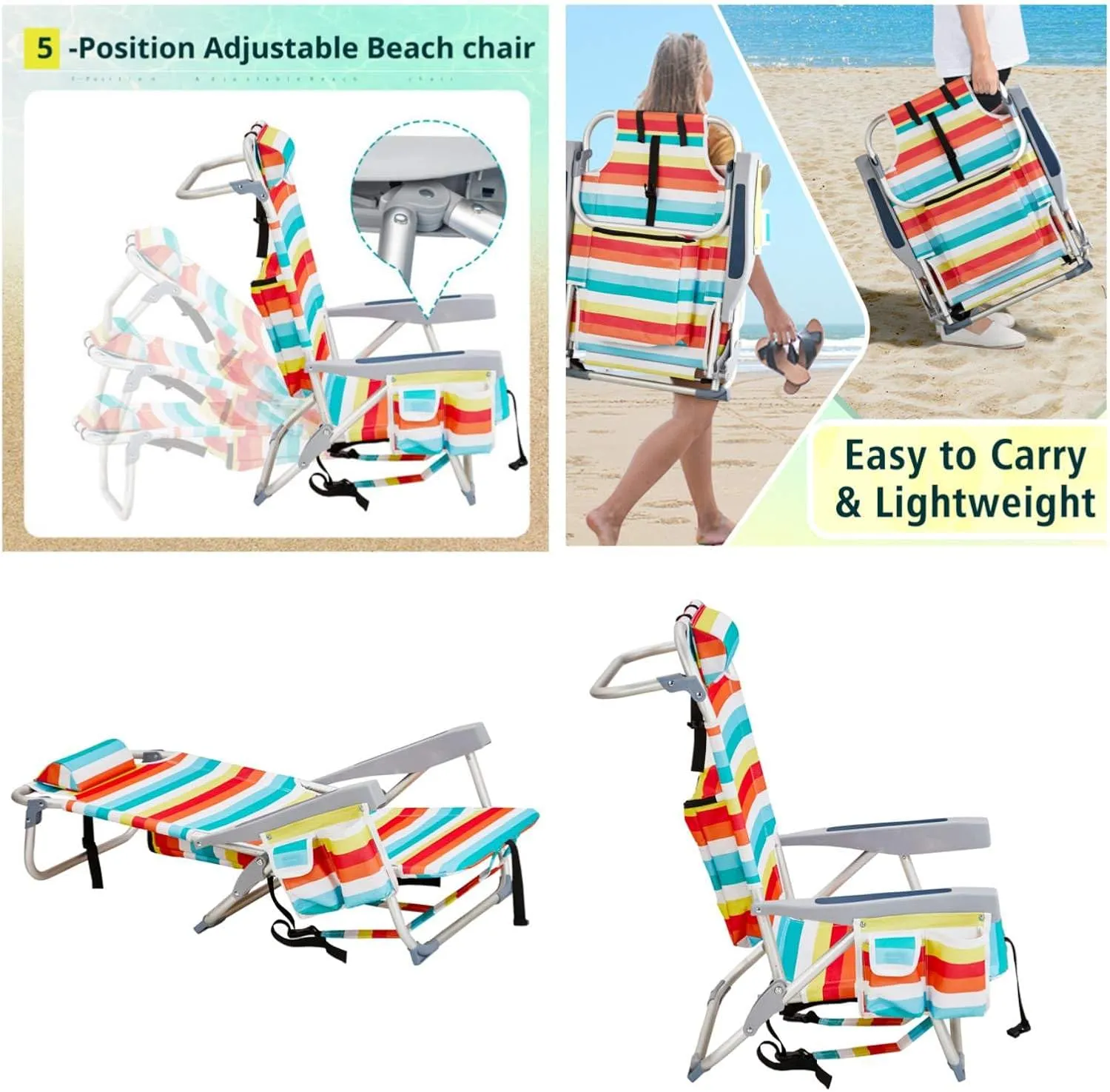 Backpack Beach Chair for Adults, 5-Position Portable Outdoor Reclining Camping Chair, Lightweight Folding Chairs with Headrest, Cup Holders, Cooler Bag, Towel Bar, Shoulder Strap (Rainbow)