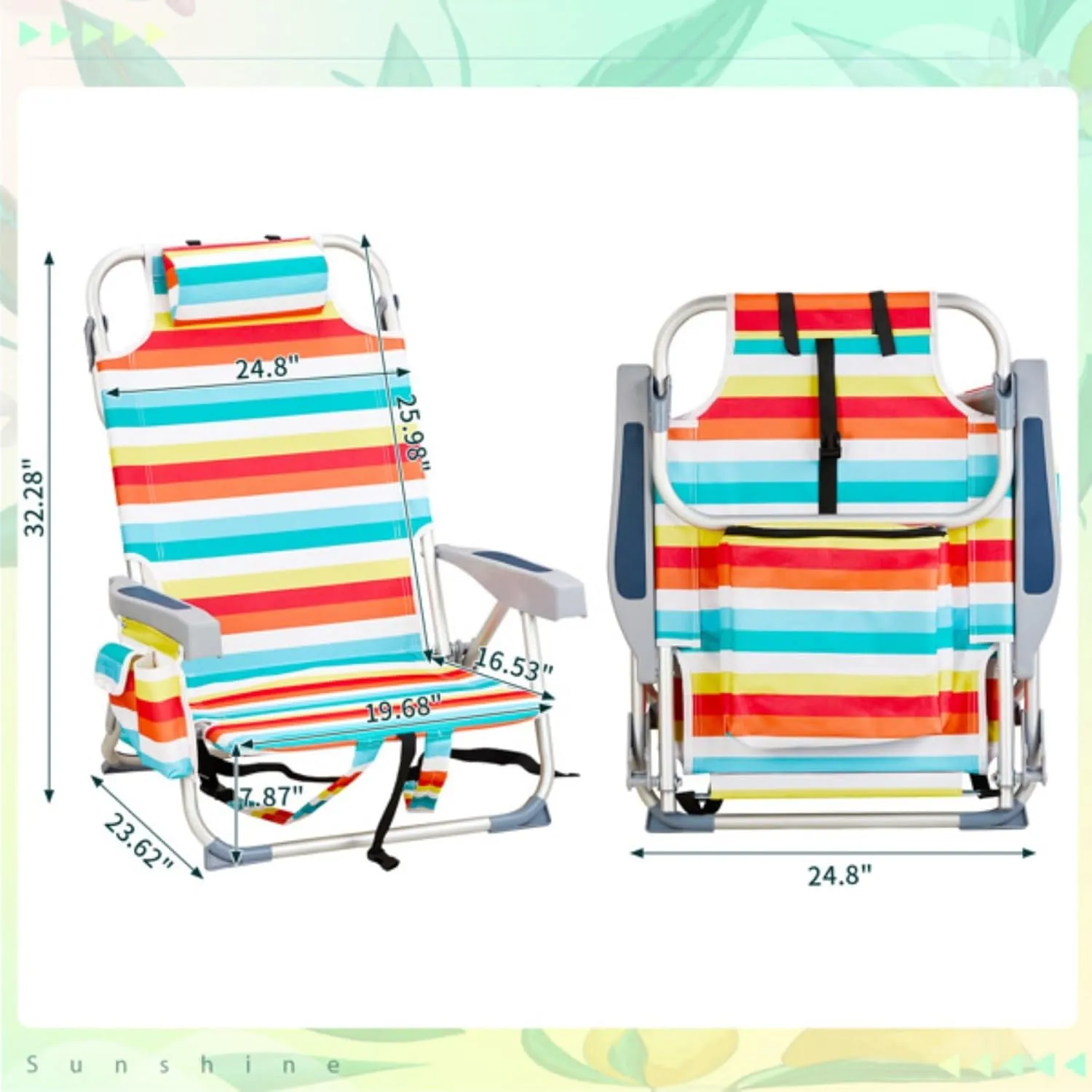 Backpack Beach Chair for Adults, 5-Position Portable Outdoor Reclining Camping Chair, Lightweight Folding Chairs with Headrest, Cup Holders, Cooler Bag, Towel Bar, Shoulder Strap (Rainbow)
