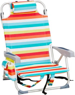 Backpack Beach Chair for Adults, 5-Position Portable Outdoor Reclining Camping Chair, Lightweight Folding Chairs with Headrest, Cup Holders, Cooler Bag, Towel Bar, Shoulder Strap (Rainbow)