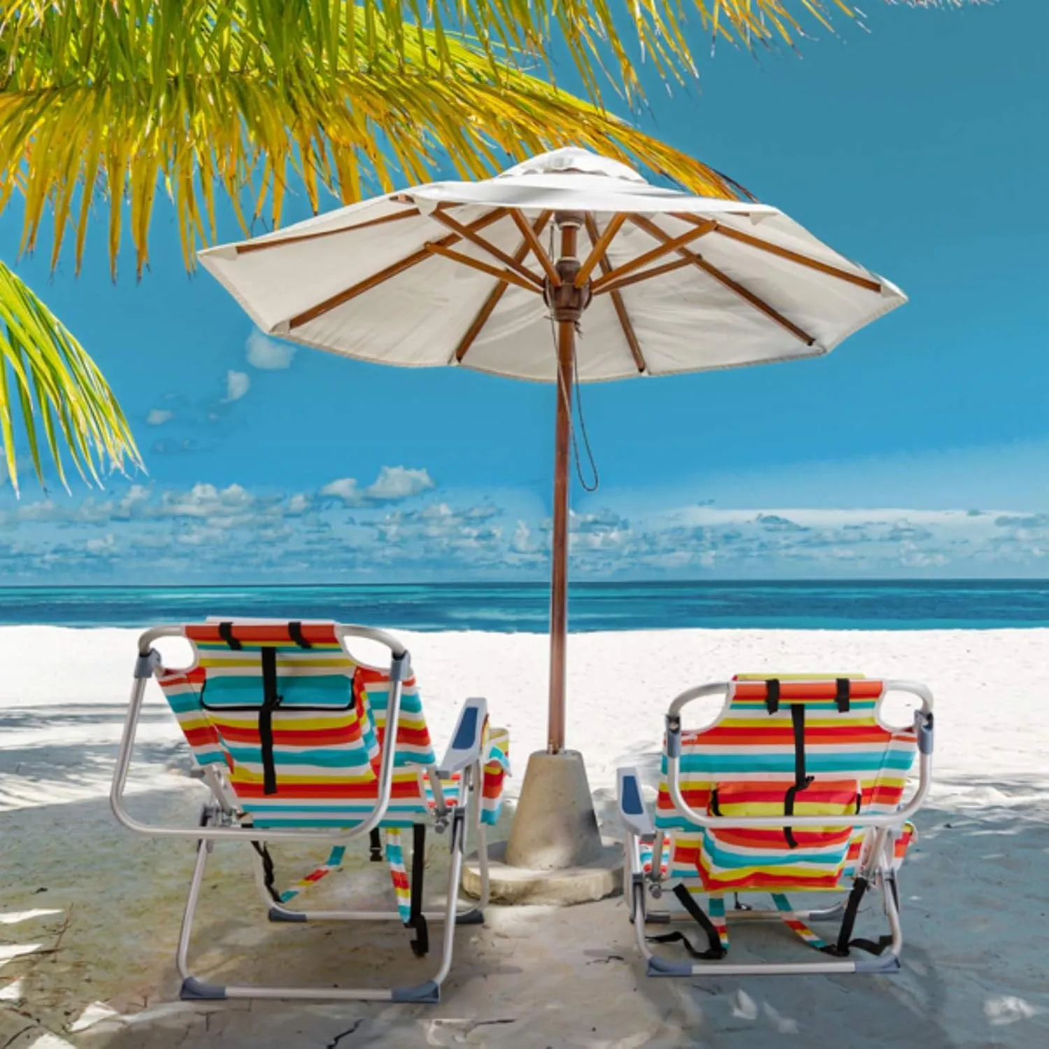 Backpack Beach Chair for Adults, 5-Position Portable Outdoor Reclining Camping Chair, Lightweight Folding Chairs with Headrest, Cup Holders, Cooler Bag, Towel Bar, Shoulder Strap (Rainbow)