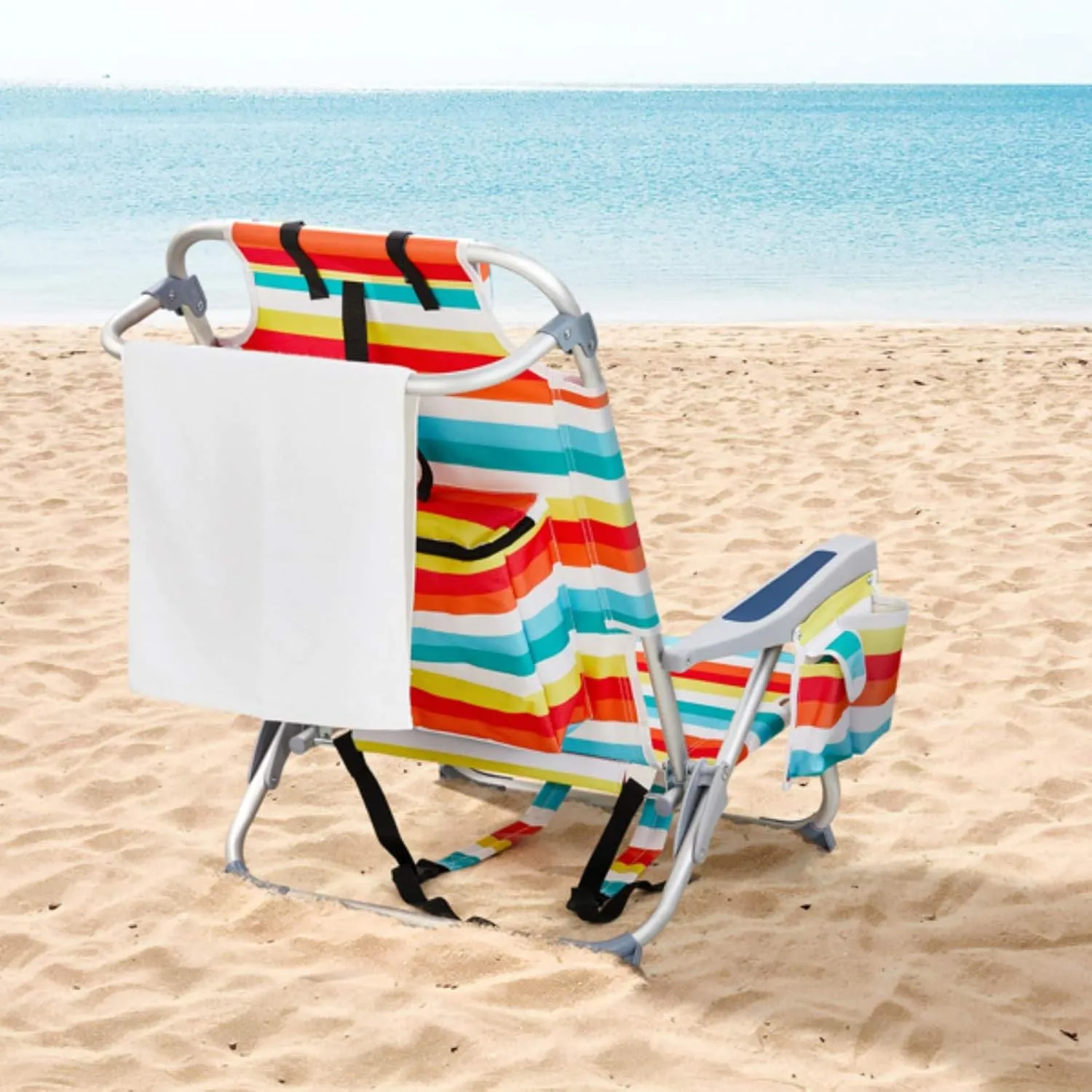 Backpack Beach Chair for Adults, 5-Position Portable Outdoor Reclining Camping Chair, Lightweight Folding Chairs with Headrest, Cup Holders, Cooler Bag, Towel Bar, Shoulder Strap (Rainbow)