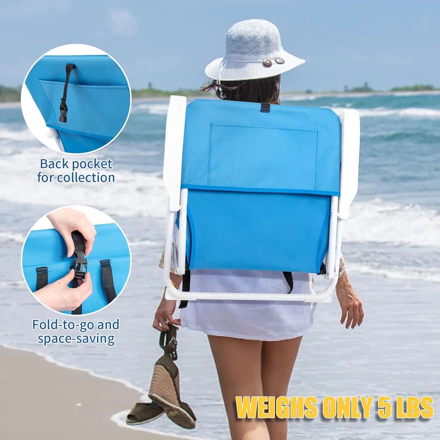 Backpack Beach Chair for Adults, 600D Polyester Folding Camping Chair Ultra-Lightweight, Portable Compact Design for Outdoor, Backyard, Fishing, Picnic, Sand, Blue, 22.05 * 23.62 * 24.80 in