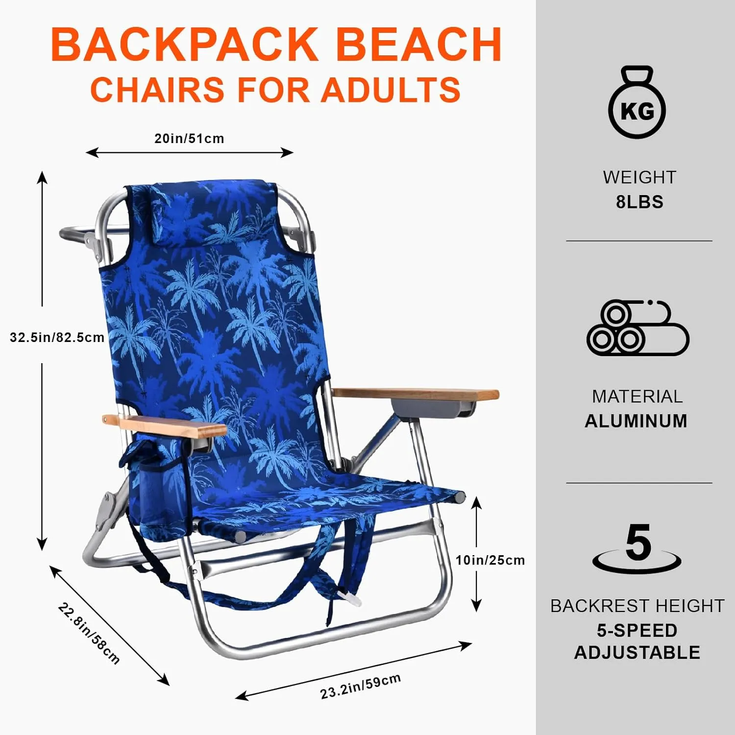 Backpack Beach Chairs for Adults Capacity 300 LBS Low 5 Position Beach Chair with Pouch Straps Folding Lightweight Reclining Aluminum Wide Lay Flat Single