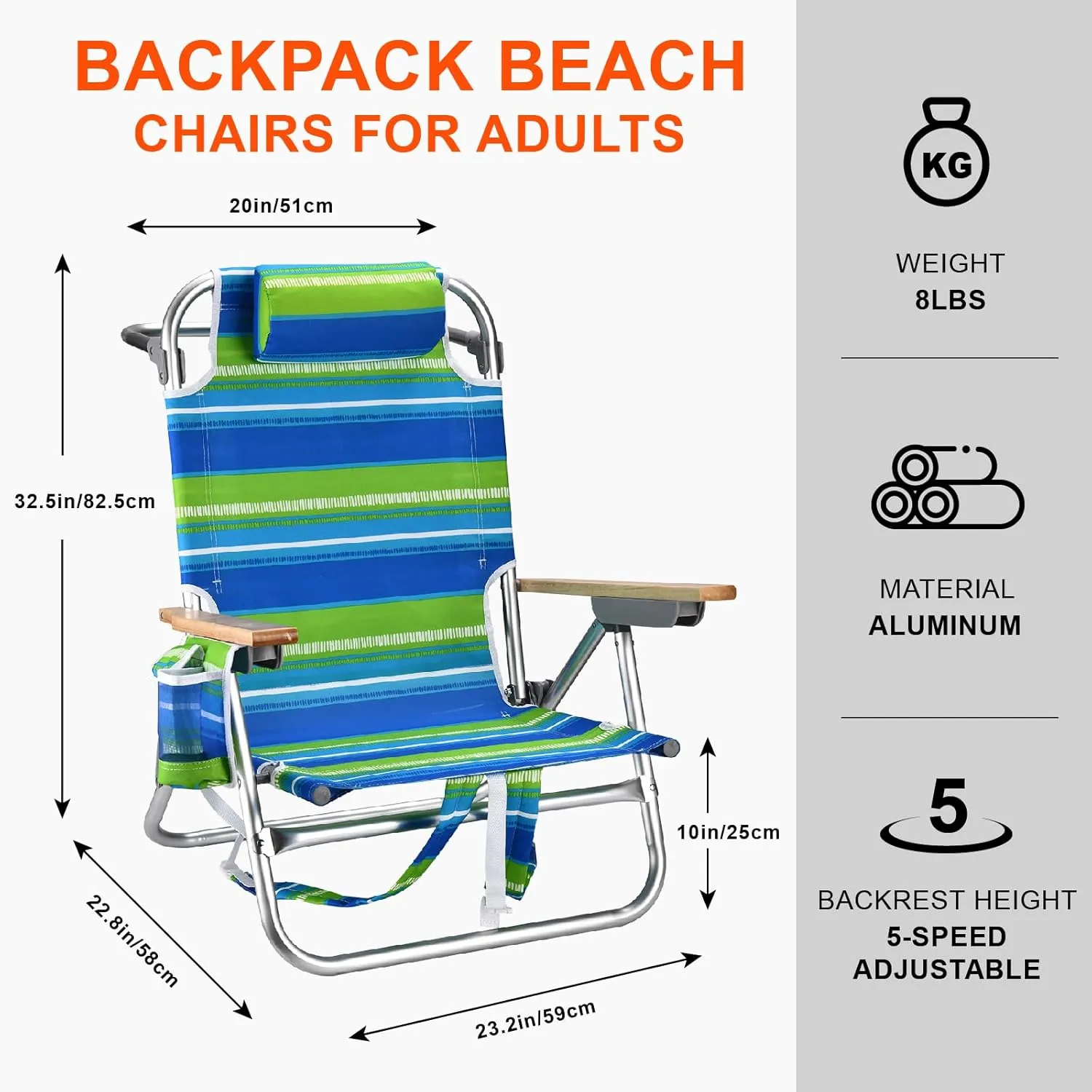 Backpack Beach Chairs for Adults Capacity 300 LBS Low 5 Position Beach Chair with Pouch Straps Folding Lightweight Reclining Aluminum Wide Lay Flat Single