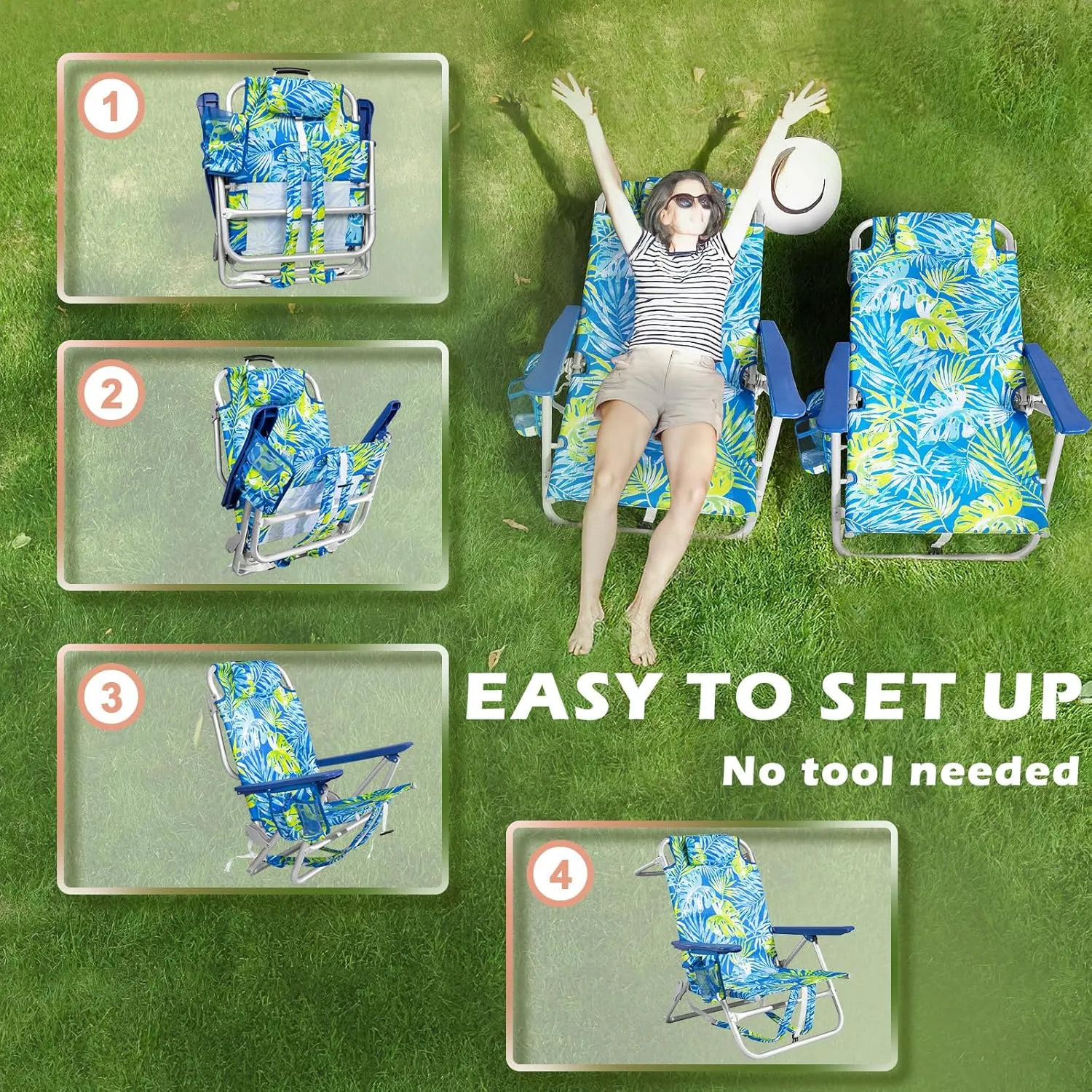 Backpack Beach Chairs for Adults - Folding Heavy Duty Camping Chair with Storage Pouch, Cup Holder & Towel Rack, Lightweight & Adjustable Chair for Outdoor,Travel (2pcs / Tropical Foliage)