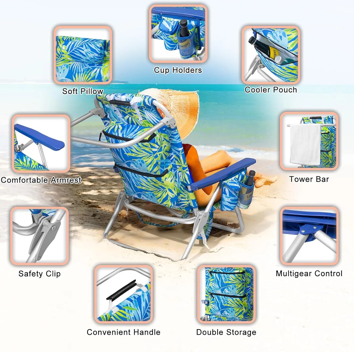 Backpack Beach Chairs for Adults - Folding Heavy Duty Camping Chair with Storage Pouch, Cup Holder & Towel Rack, Lightweight & Adjustable Chair for Outdoor,Travel (2pcs / Tropical Foliage)