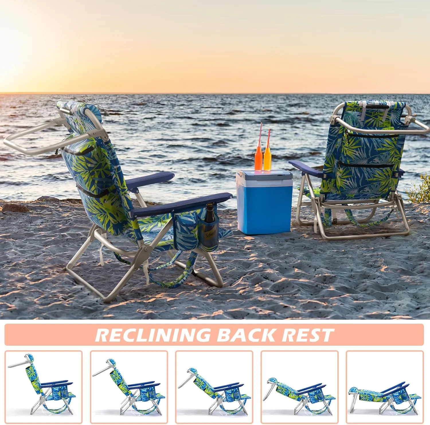 Backpack Beach Chairs for Adults - Folding Heavy Duty Camping Chair with Storage Pouch, Cup Holder & Towel Rack, Lightweight & Adjustable Chair for Outdoor,Travel (2pcs / Tropical Foliage)