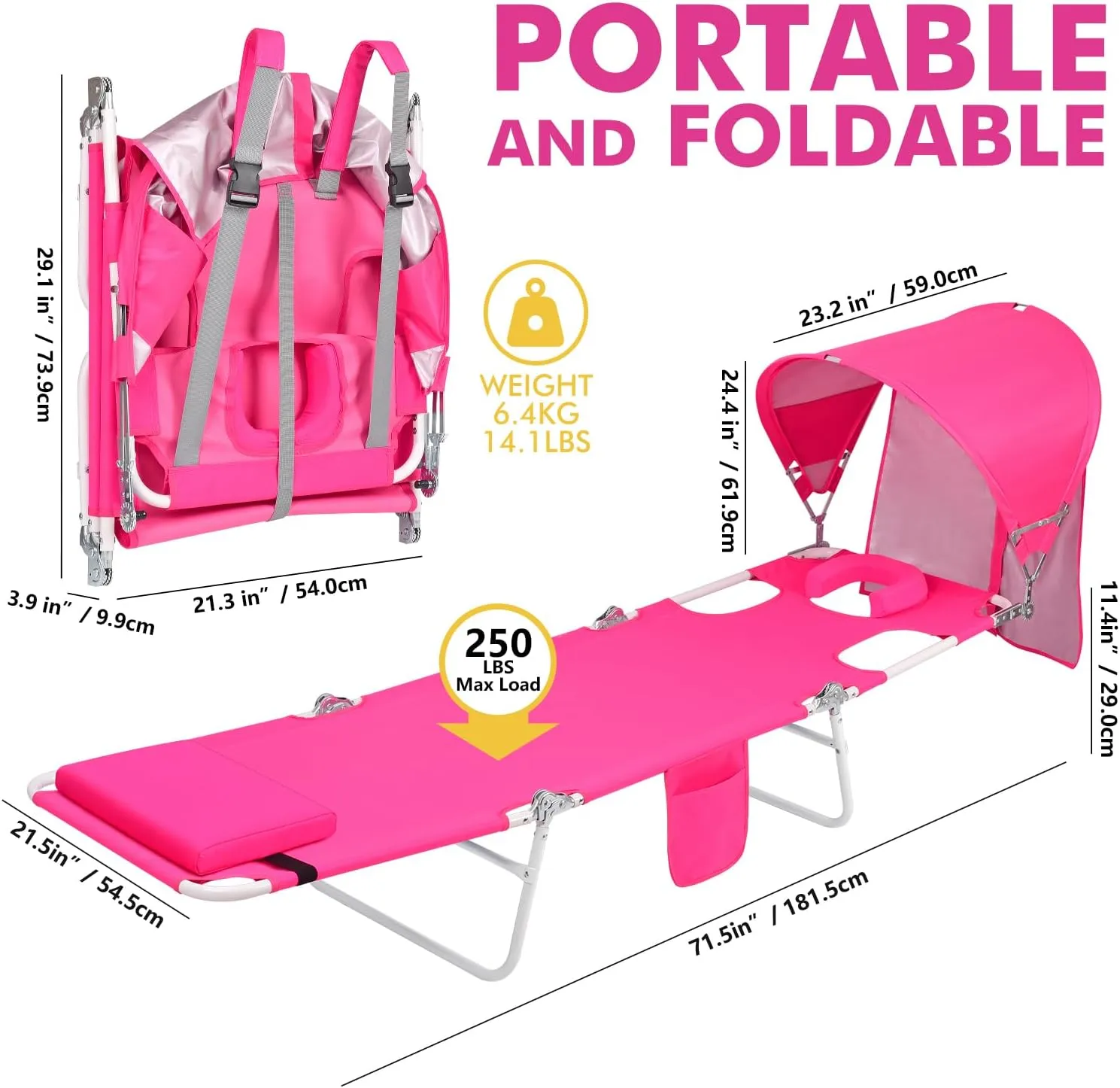 Backpack Beach Tanning Lounge Chair with Face Hole Canopy Shade Umbrella for Adults Outside Reading Sunbathing Poolside Camping, UPF 50  Sun Shade Umbrella, Pink, 2Pack