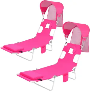 Backpack Beach Tanning Lounge Chair with Face Hole Canopy Shade Umbrella for Adults Outside Reading Sunbathing Poolside Camping, UPF 50  Sun Shade Umbrella, Pink, 2Pack