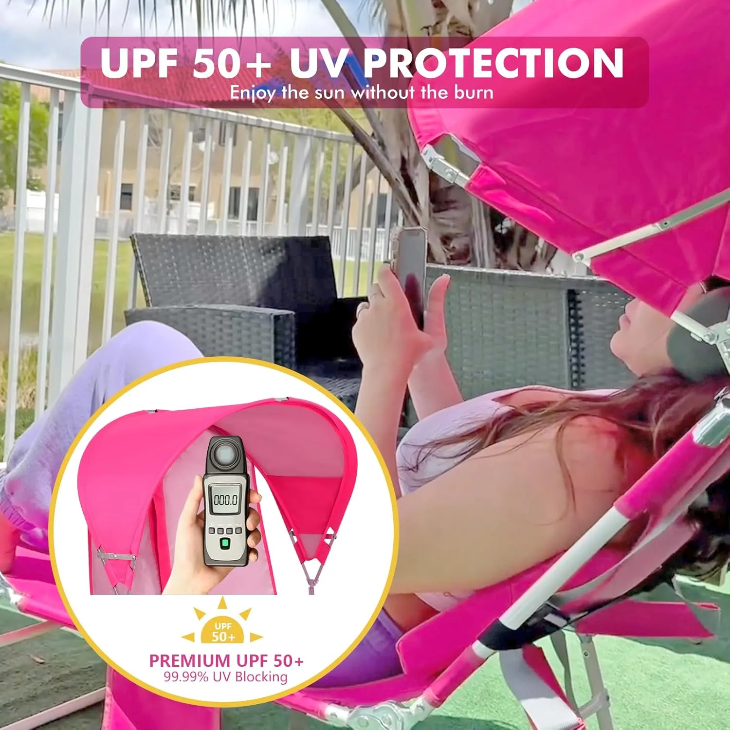 Backpack Beach Tanning Lounge Chair with Face Hole Canopy Shade Umbrella for Adults Outside Reading Sunbathing Poolside Camping, UPF 50  Sun Shade Umbrella, Pink, 2Pack