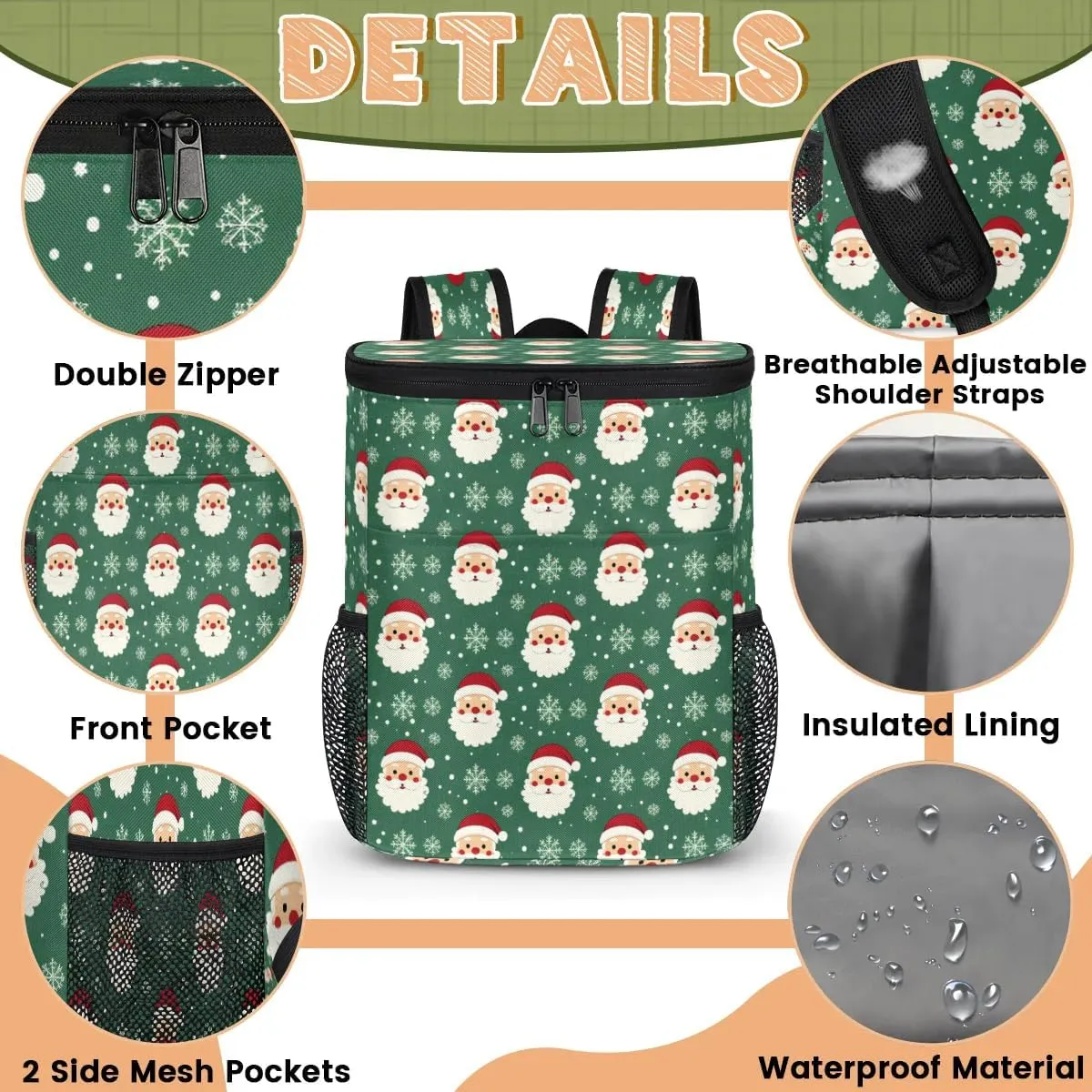 Backpack Cooler Christmas Santa Claus Snowflake Cooler Backpack Insulated Leak Proof Soft Cooler Bag for Men Women Lunch Backpack for Camping Picnic Hiking Beach Travel