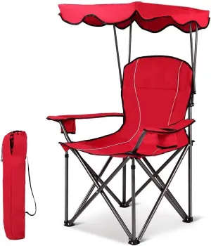 BANGTANE Outdoor Canopy Chair, Foldable Camp Chair w/Sunshade, Cup Holder & Carrying Bag, Heavy-Duty Chair for Lawn, Backyard, Beach, Hiking & Travel (Red)
