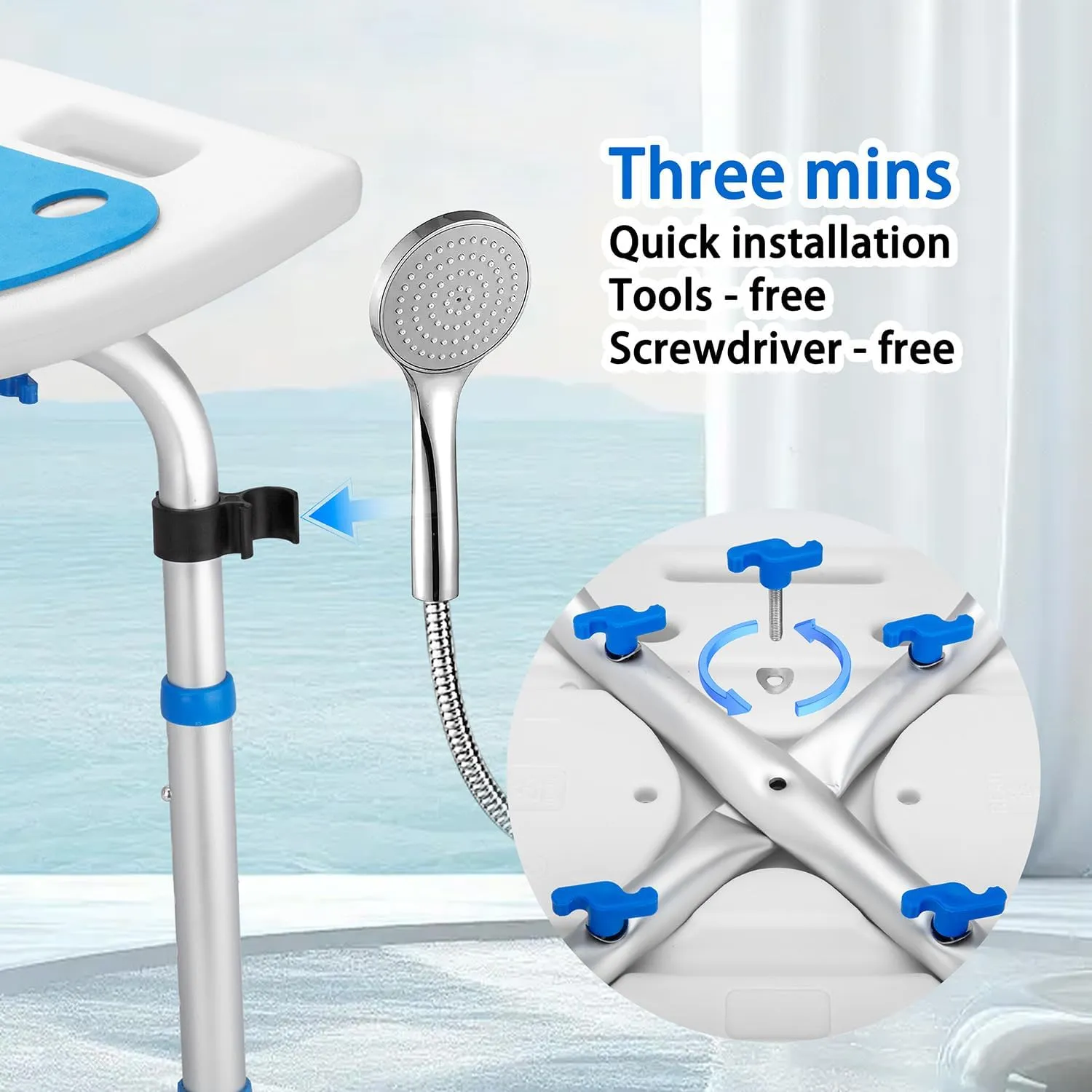 Bath Seat Bathroom Bathtub Shower Chair Stool for Adults,FSA/HSA Compliant Seniors and Disabled, Elderly Tub Transfer Bench for Inside Shower (Blue, Round Foot Mats)