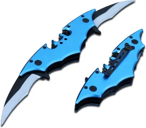 BATMAN Bat Folding Dual Twin Double Blade Spring Assisted 5 Colors Pocket Knife Tactical Belt Clip Black Yellow Silver Blue Red Knives (Blue)