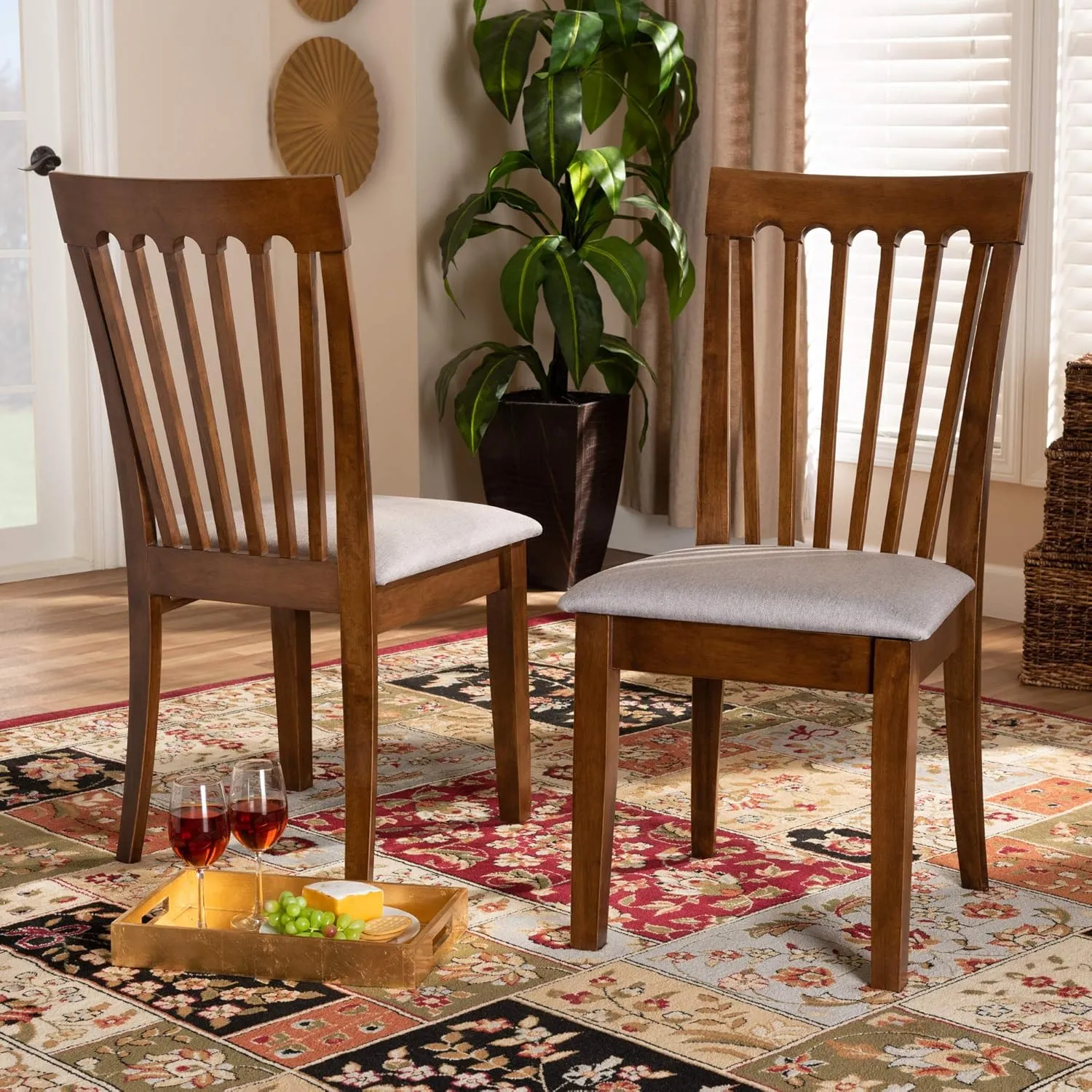 Baxton Studio Minette Dining Chair Set - Grey Fabric Upholstered, Walnut Brown Finished Wood