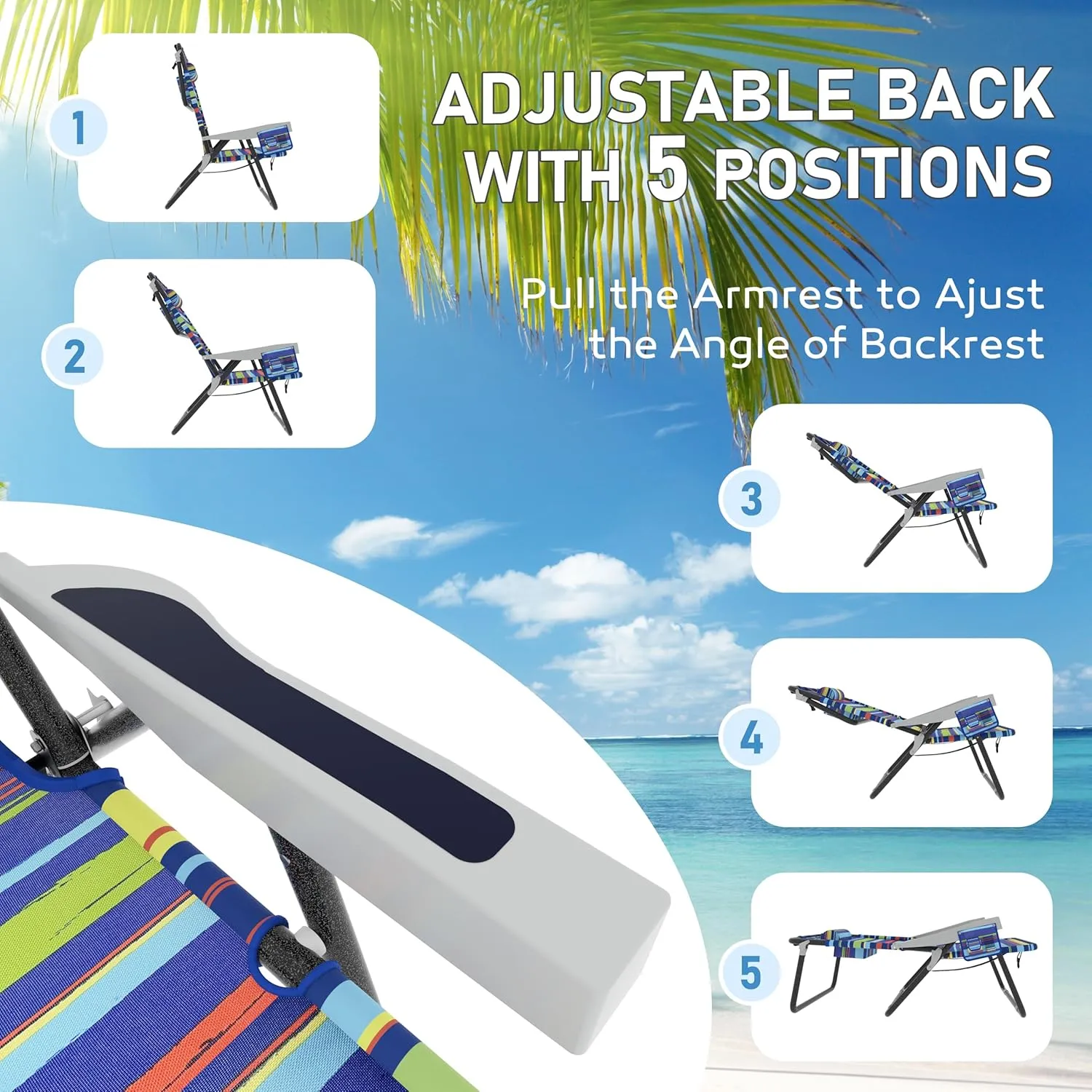 Beach Chairs, Folding Beach Chair with 5 Position Adjustable Backrest, Waterproof Oxford Fabric, 300LBS Support, Removable Pillow, Portable Beach Chair for Sunbathing, Camping, Yellow Stripe