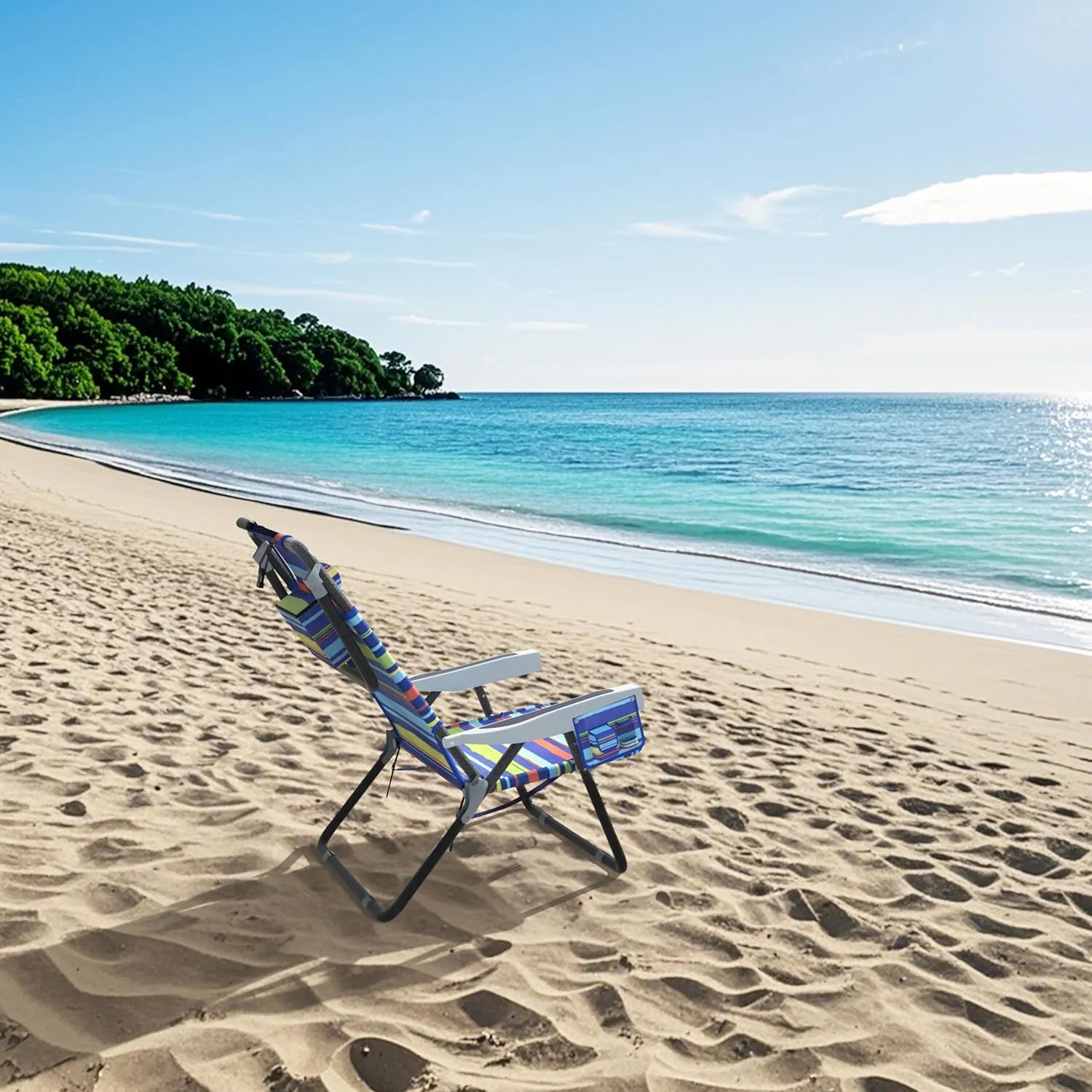 Beach Chairs, Folding Beach Chair with 5 Position Adjustable Backrest, Waterproof Oxford Fabric, 300LBS Support, Removable Pillow, Portable Beach Chair for Sunbathing, Camping, Yellow Stripe