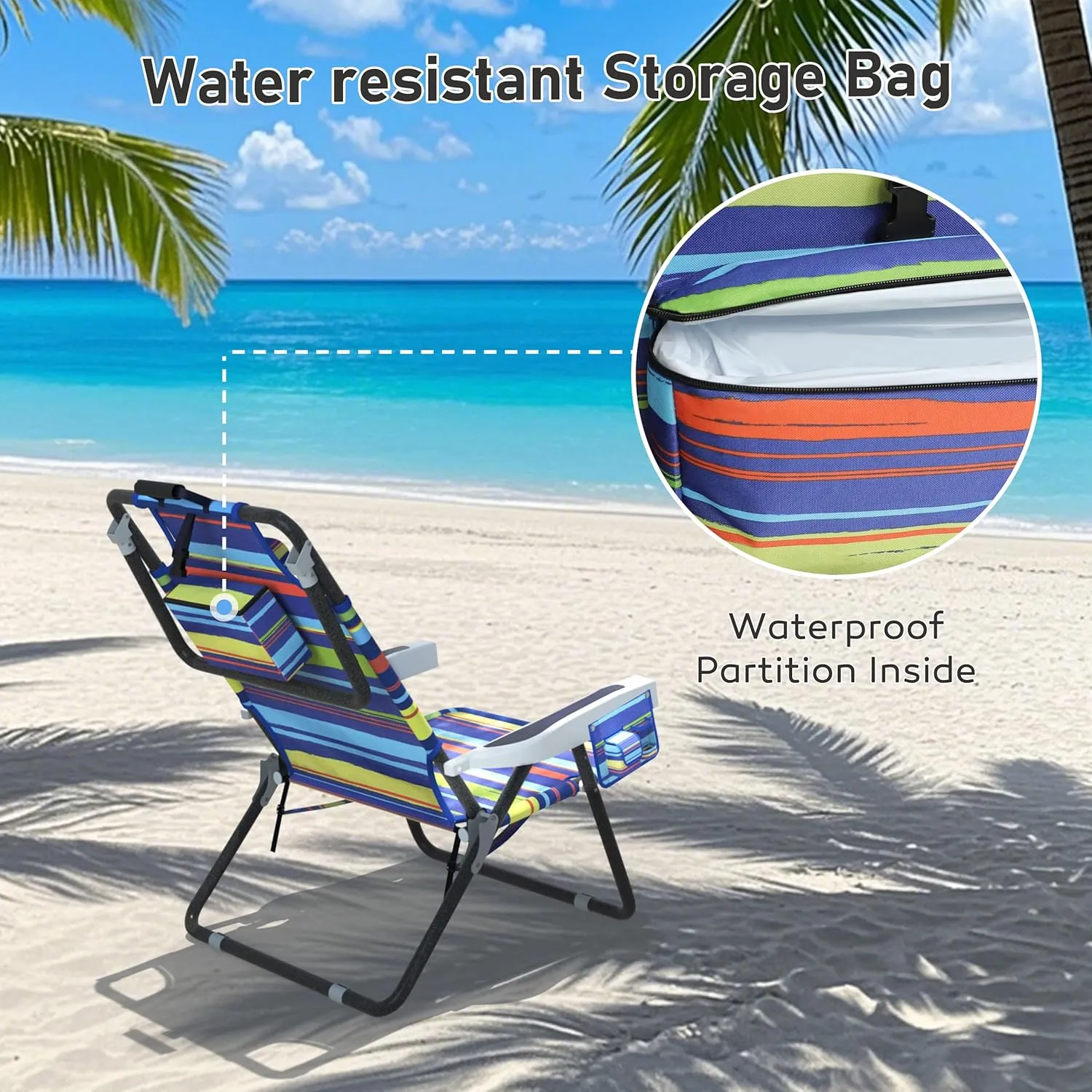 Beach Chairs, Folding Beach Chair with 5 Position Adjustable Backrest, Waterproof Oxford Fabric, 300LBS Support, Removable Pillow, Portable Beach Chair for Sunbathing, Camping, Yellow Stripe