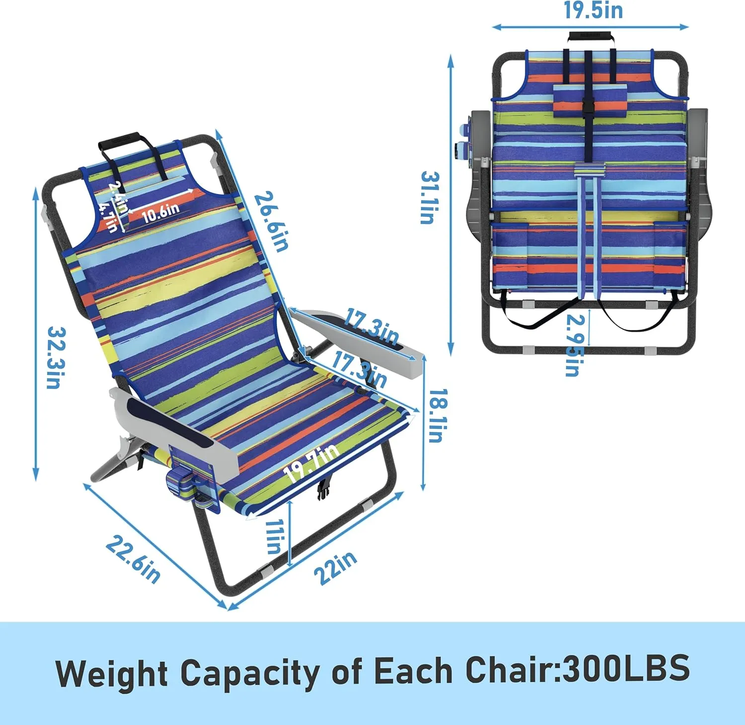 Beach Chairs, Folding Beach Chair with 5 Position Adjustable Backrest, Waterproof Oxford Fabric, 300LBS Support, Removable Pillow, Portable Beach Chair for Sunbathing, Camping, Yellow Stripe