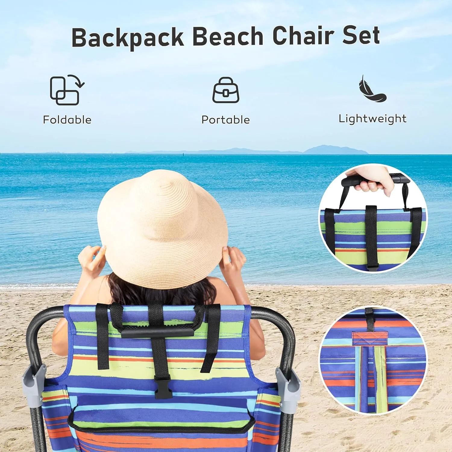 Beach Chairs, Folding Beach Chair with 5 Position Adjustable Backrest, Waterproof Oxford Fabric, 300LBS Support, Removable Pillow, Portable Beach Chair for Sunbathing, Camping, Yellow Stripe