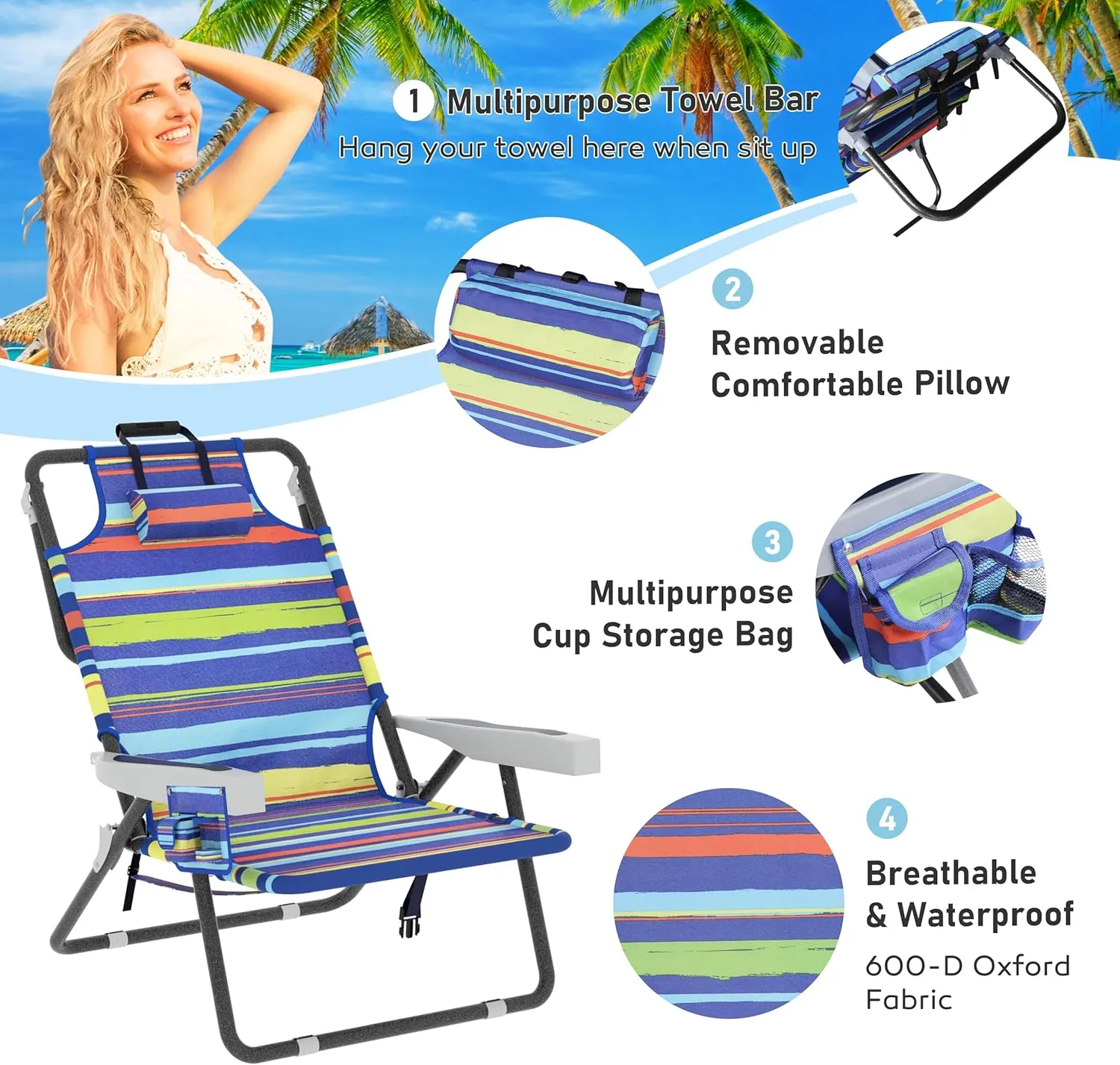 Beach Chairs, Folding Beach Chair with 5 Position Adjustable Backrest, Waterproof Oxford Fabric, 300LBS Support, Removable Pillow, Portable Beach Chair for Sunbathing, Camping, Yellow Stripe