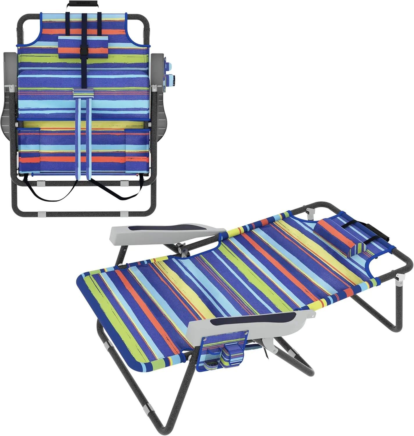 Beach Chairs, Folding Beach Chair with 5 Position Adjustable Backrest, Waterproof Oxford Fabric, 300LBS Support, Removable Pillow, Portable Beach Chair for Sunbathing, Camping, Yellow Stripe