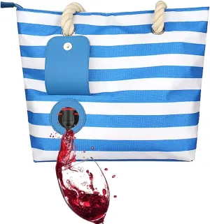 Beach Wine Tote Bag, Wine Cooler Bag Leakproof Insulated Purse Carrier with Spout Hidden Compartments, Holds 2 bottles of Wine for Travel, BYOB Restaurant, Party, Dinner