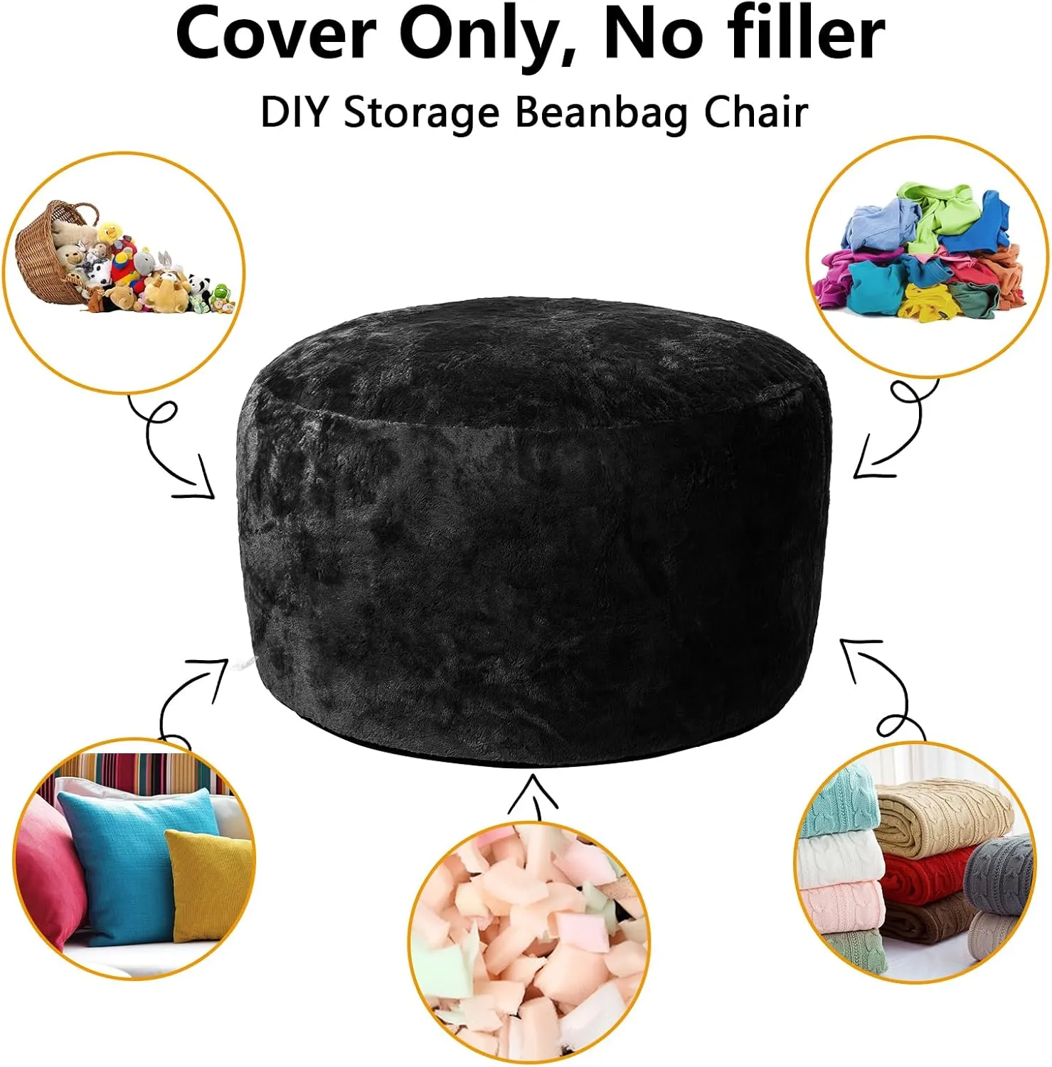 Bean Bag Chair Cover (No Filler), Adult Beanbag Chair Outside Cover Big Round Soft Fluffy Faux Fur Beanbag Lazy Sofa Bed Cover (Black,5FT)