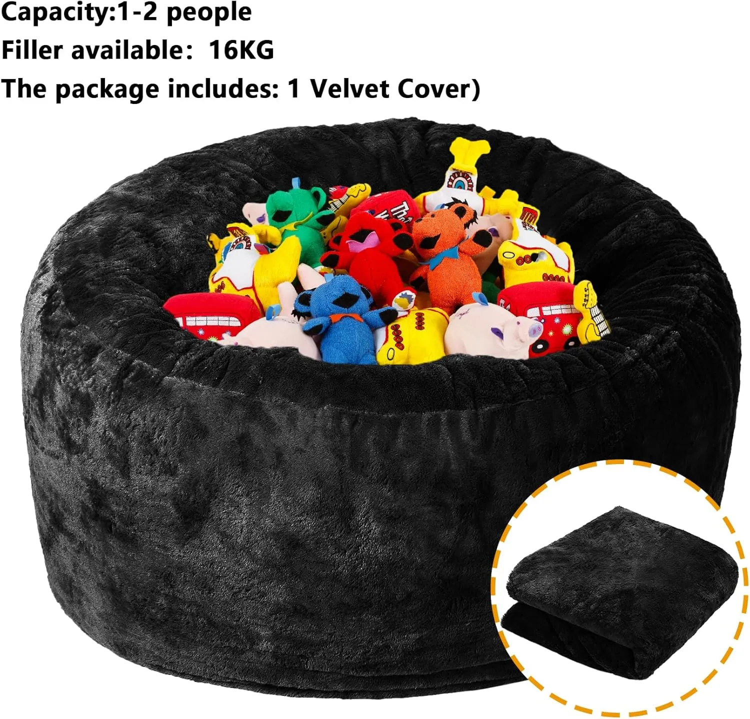 Bean Bag Chair Cover (No Filler), Adult Beanbag Chair Outside Cover Big Round Soft Fluffy Faux Fur Beanbag Lazy Sofa Bed Cover (Black,5FT)