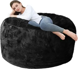 Bean Bag Chair Cover (No Filler), Adult Beanbag Chair Outside Cover Big Round Soft Fluffy Faux Fur Beanbag Lazy Sofa Bed Cover (Black,5FT)