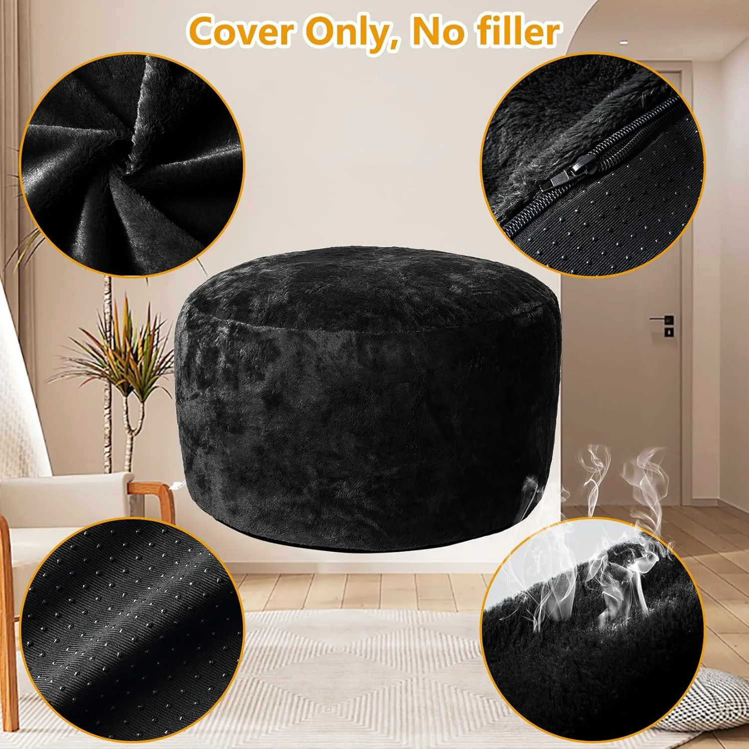 Bean Bag Chair Cover (No Filler), Adult Beanbag Chair Outside Cover Big Round Soft Fluffy Faux Fur Beanbag Lazy Sofa Bed Cover (Black,5FT)