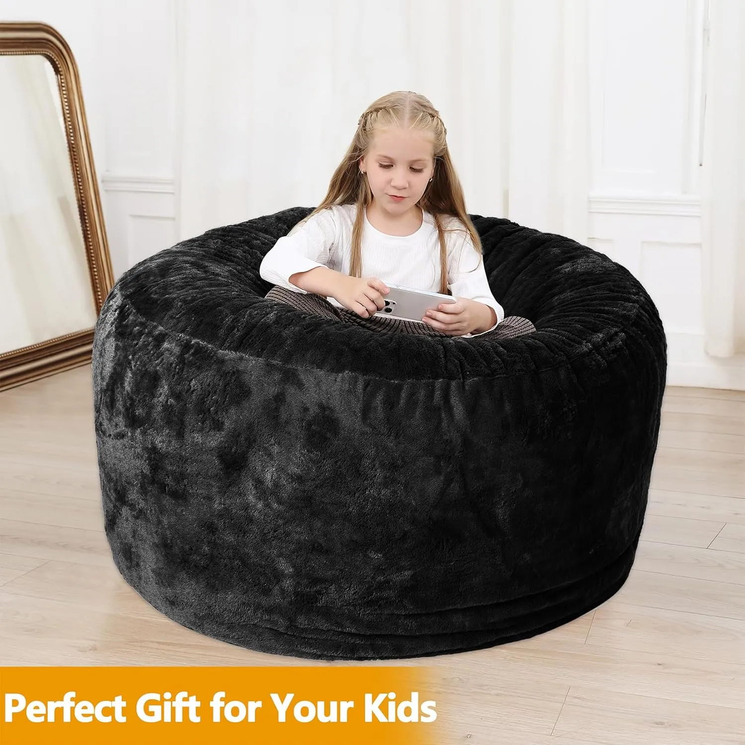 Bean Bag Chair Cover (No Filler), Adult Beanbag Chair Outside Cover Big Round Soft Fluffy Faux Fur Beanbag Lazy Sofa Bed Cover (Black,5FT)