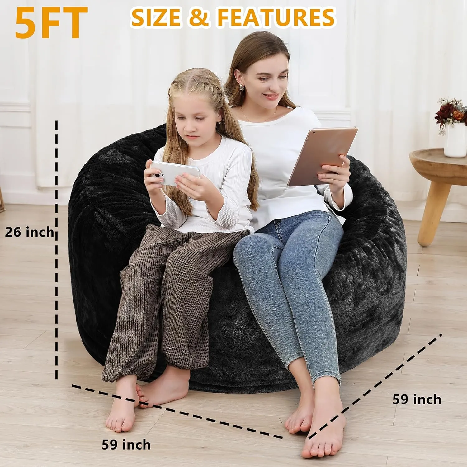 Bean Bag Chair Cover (No Filler), Adult Beanbag Chair Outside Cover Big Round Soft Fluffy Faux Fur Beanbag Lazy Sofa Bed Cover (Black,5FT)