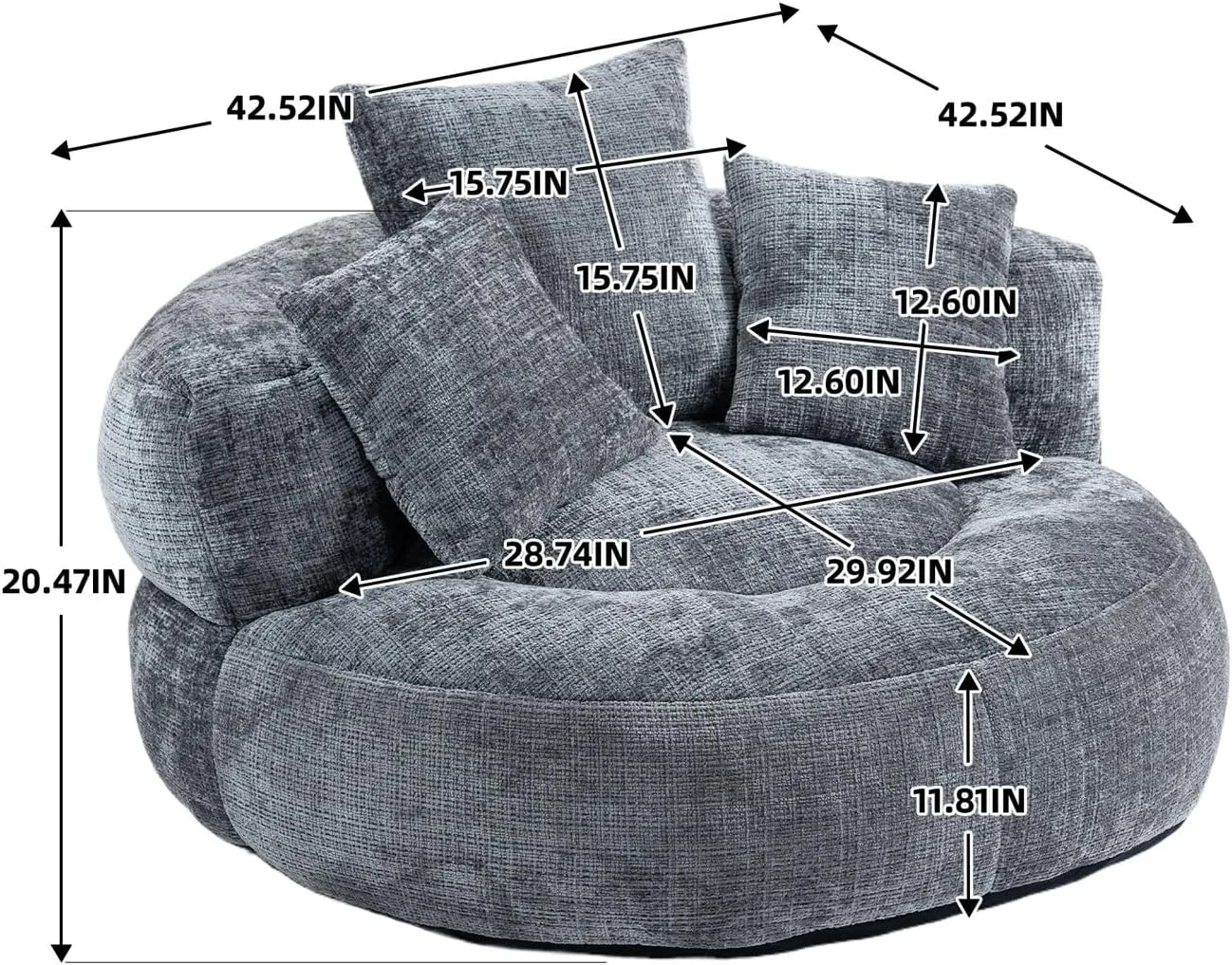 Bean Bag Chair, Lazy Sofa with High Back & 3 Pillows, Lounger Oversized Bean Bag Chairs for Adults & Kids, Plush Chenille Velvet Fluffy Couch for Bedroom, Living Room (Gray)