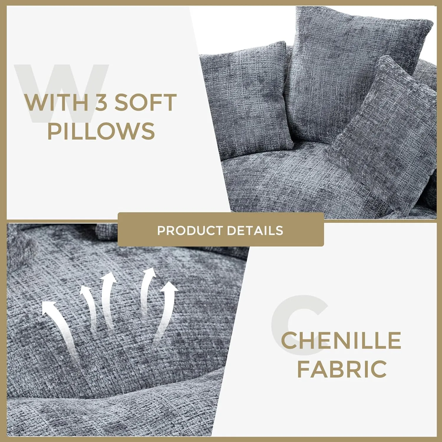 Bean Bag Chair, Lazy Sofa with High Back & 3 Pillows, Lounger Oversized Bean Bag Chairs for Adults & Kids, Plush Chenille Velvet Fluffy Couch for Bedroom, Living Room (Gray)
