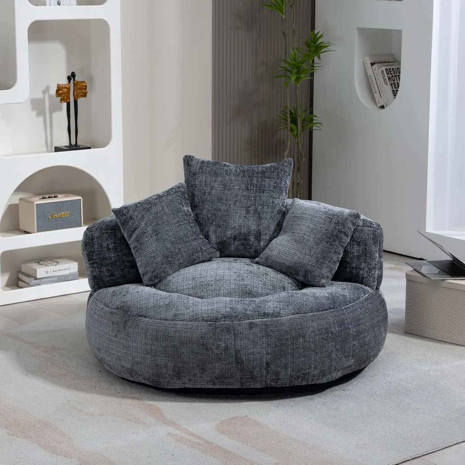 Bean Bag Chair, Lazy Sofa with High Back & 3 Pillows, Lounger Oversized Bean Bag Chairs for Adults & Kids, Plush Chenille Velvet Fluffy Couch for Bedroom, Living Room (Gray)