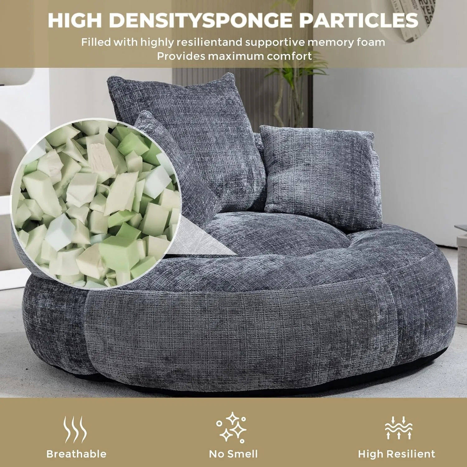 Bean Bag Chair, Lazy Sofa with High Back & 3 Pillows, Lounger Oversized Bean Bag Chairs for Adults & Kids, Plush Chenille Velvet Fluffy Couch for Bedroom, Living Room (Gray)