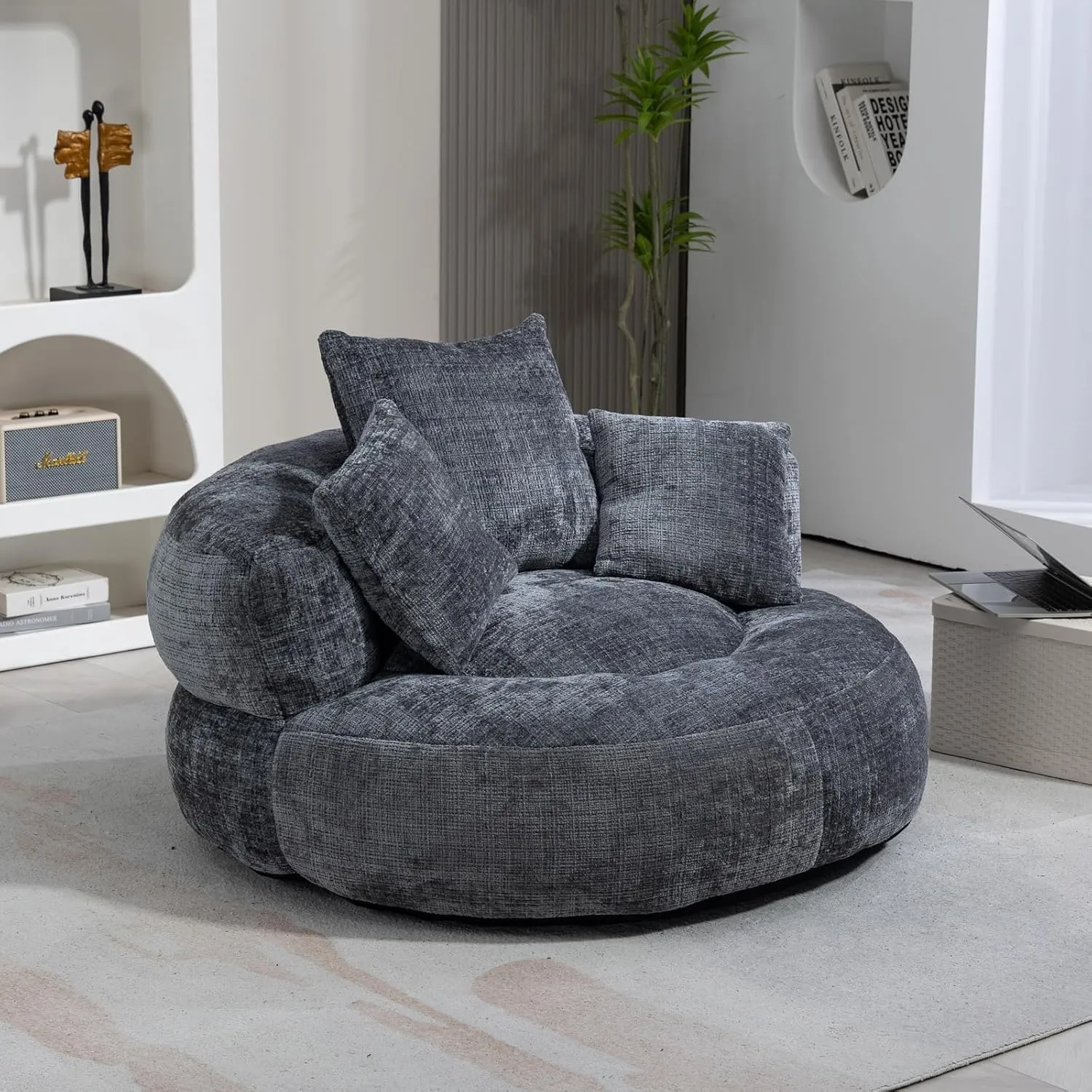 Bean Bag Chair, Lazy Sofa with High Back & 3 Pillows, Lounger Oversized Bean Bag Chairs for Adults & Kids, Plush Chenille Velvet Fluffy Couch for Bedroom, Living Room (Gray)