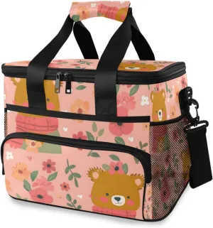 Bear Flower Forest Animal Cooler Bag Insulated Cooler Soft Sided Cooler 24 Can Portable Picnic Bag Large Leakproof Lunch Bag Box for Beach Grocery Camping Travel Car Men Women