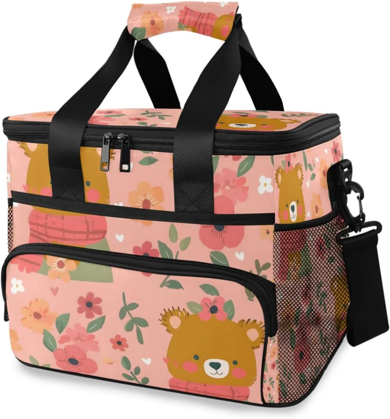 Bear Flower Forest Animal Cooler Bag Insulated Cooler Soft Sided Cooler 24 Can Portable Picnic Bag Large Leakproof Lunch Bag Box for Beach Grocery Camping Travel Car Men Women