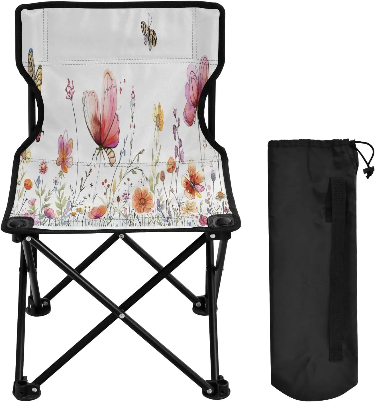 Beautiful Flowering Butterflies Portable Outdoor Folding Chair Anti-Slip Padded Oxford Cloth Stool Camping Chair Small for Beach Hiking Fishing Gardening Quad Camp Chair