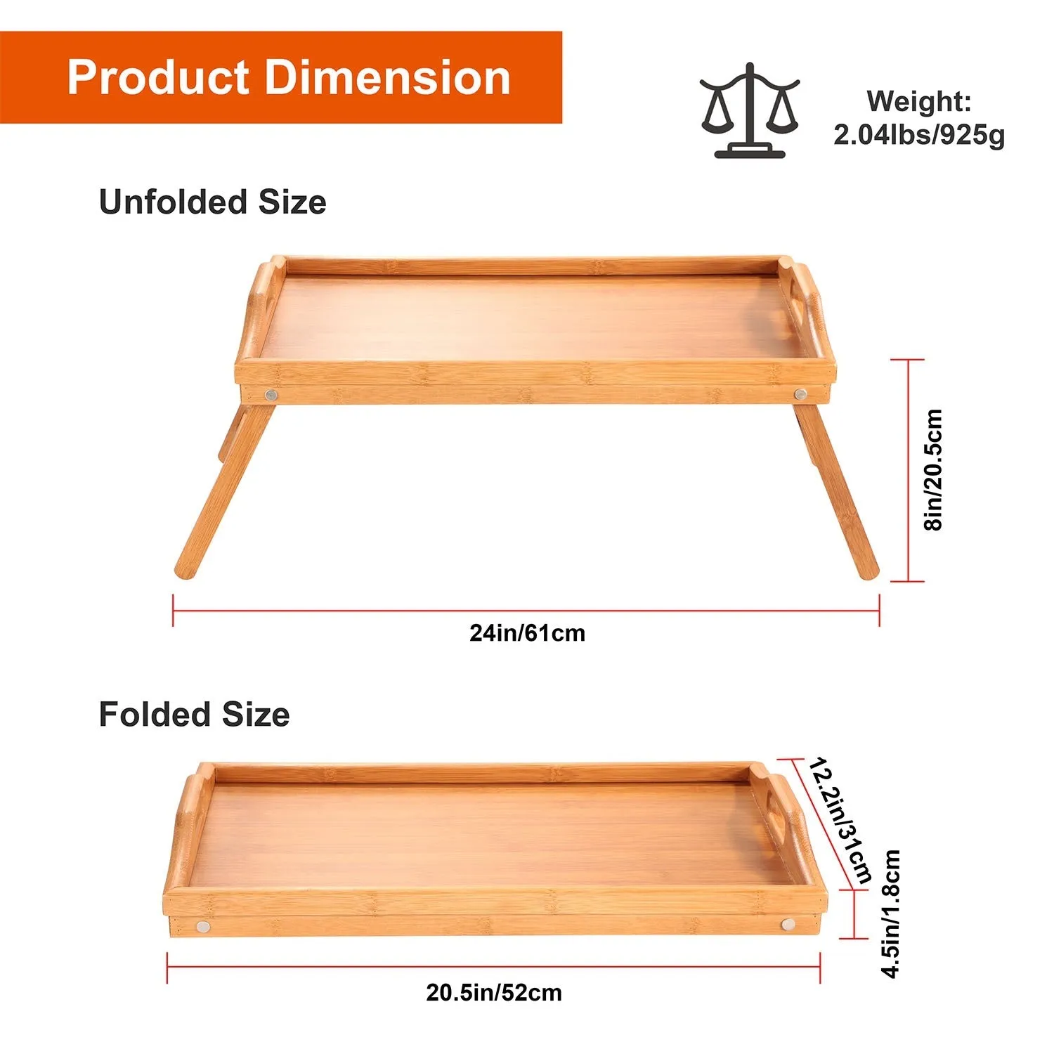 Bed Tray Table Breakfast Tray Bamboo Folding Bed Table Serving Snack Tray Desk with Handles