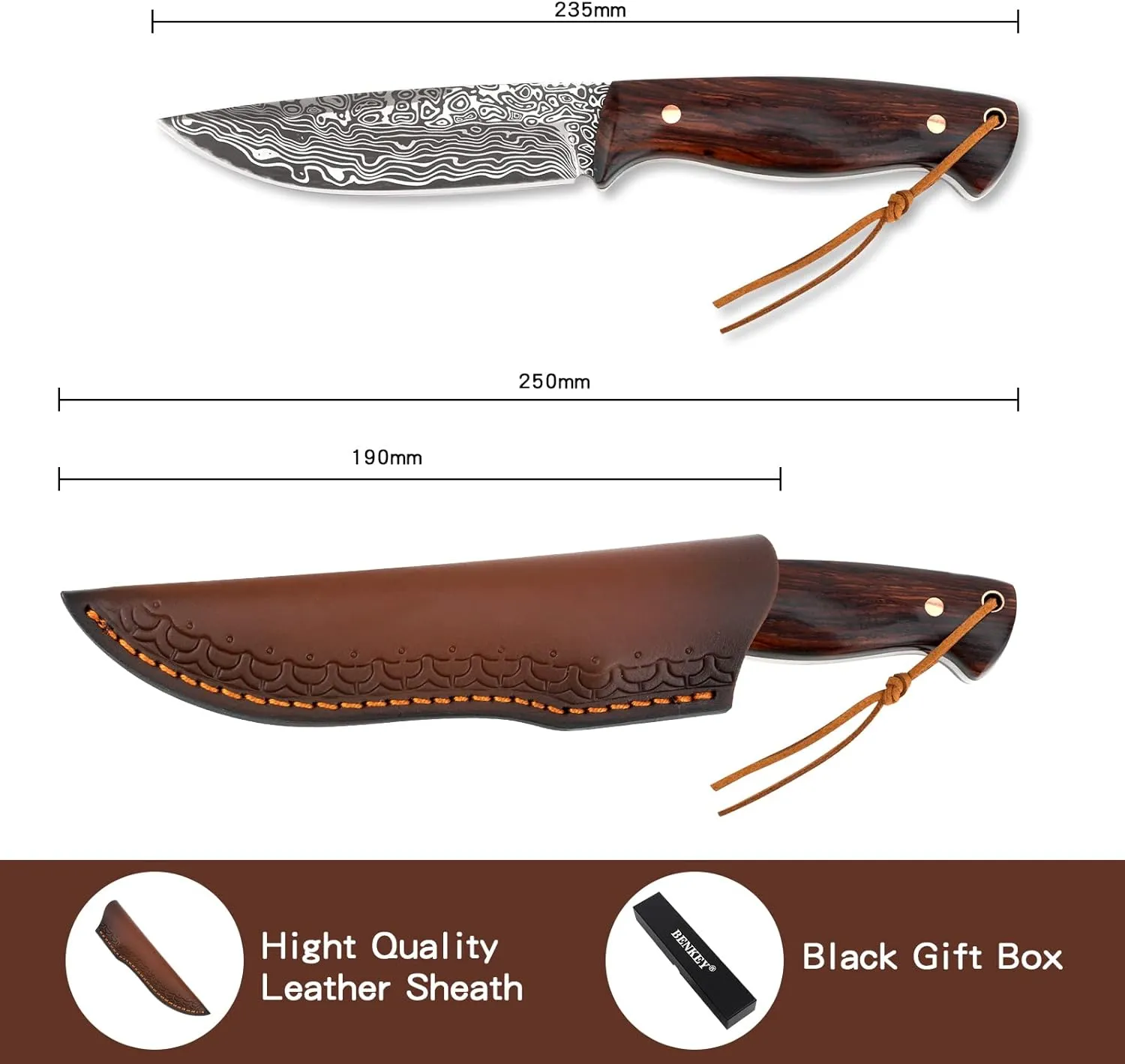 Benkey Fixed Blade Hunting Knife, Sharp Fixed Blade Knife with Leather Sheath for Men and Women, Damascus Texture Fixed Blade Survival Knife Wood Handle, Outdoor Camping Survival Knife