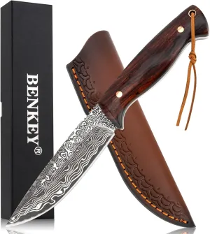 Benkey Fixed Blade Hunting Knife, Sharp Fixed Blade Knife with Leather Sheath for Men and Women, Damascus Texture Fixed Blade Survival Knife Wood Handle, Outdoor Camping Survival Knife