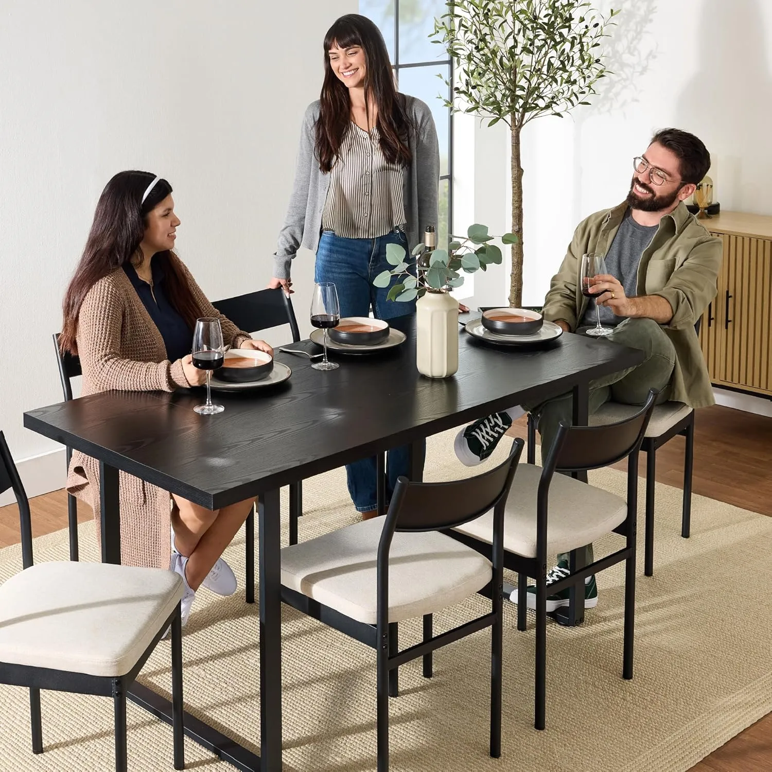 Best Choice Products 7-Piece Modern Dining Room Set, Kitchen Table Set, Dining Table w/ 6 Chairs, Upholstered Cushions, Solid Metal Frame, Curved Backrest - Black/Ivory