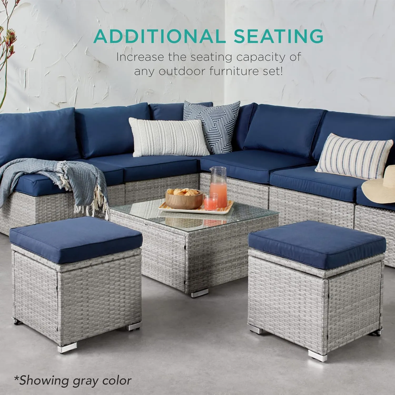 Best Choice Products Set of 2 Wicker Ottomans, Multipurpose Outdoor Furniture for Patio, Backyard, Additional Seating, Footrest, Side Table w/Storage, Removable Cushions - Gray/Gray