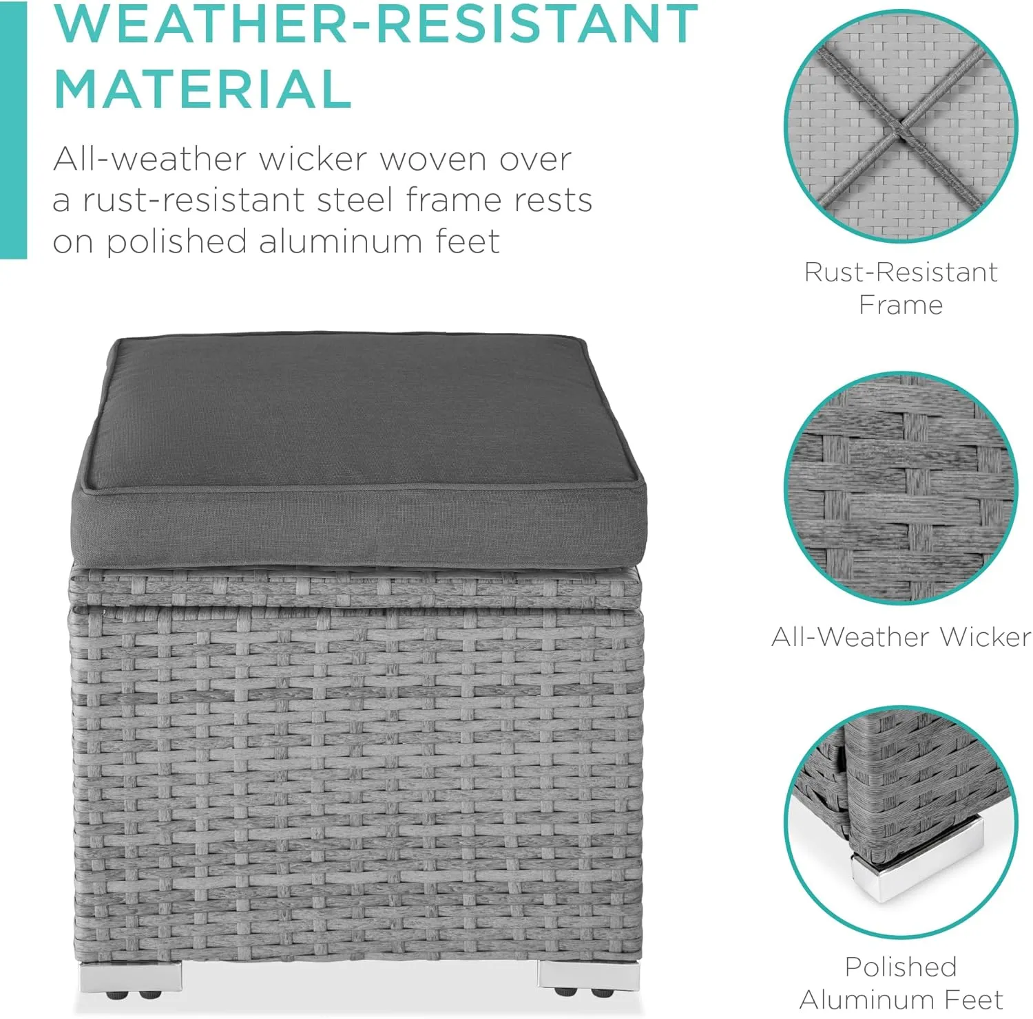 Best Choice Products Set of 2 Wicker Ottomans, Multipurpose Outdoor Furniture for Patio, Backyard, Additional Seating, Footrest, Side Table w/Storage, Removable Cushions - Gray/Gray