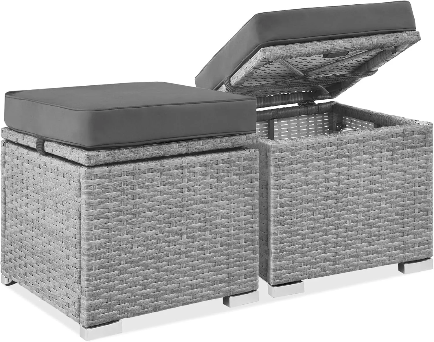 Best Choice Products Set of 2 Wicker Ottomans, Multipurpose Outdoor Furniture for Patio, Backyard, Additional Seating, Footrest, Side Table w/Storage, Removable Cushions - Gray/Gray
