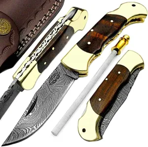 Best.Buy.Damascus1 Damascus pocket knife 7.5" Rose Wood 3Pcs Knife Set Folding knife Pocket Knife For Men, knife Sharpeners Premium Quality Hunting gear Pocket Knives gifts for men