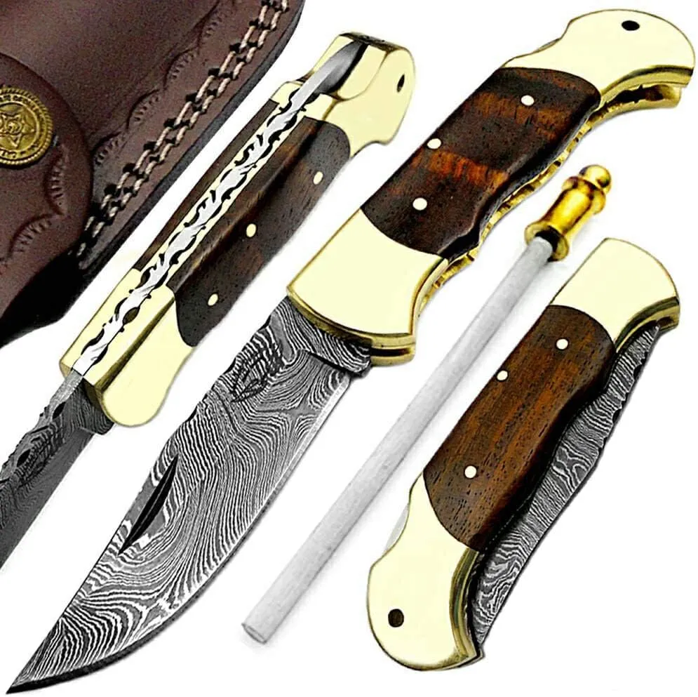 Best.Buy.Damascus1 Damascus pocket knife 7.5" Rose Wood 3Pcs Knife Set Folding knife Pocket Knife For Men, knife Sharpeners Premium Quality Hunting gear Pocket Knives gifts for men